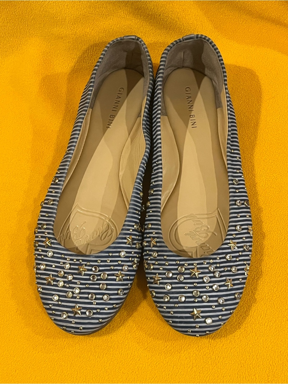 Leather ballet flats w/ stars &  rhinestones. Striped blue, white. Nautical. 9.5